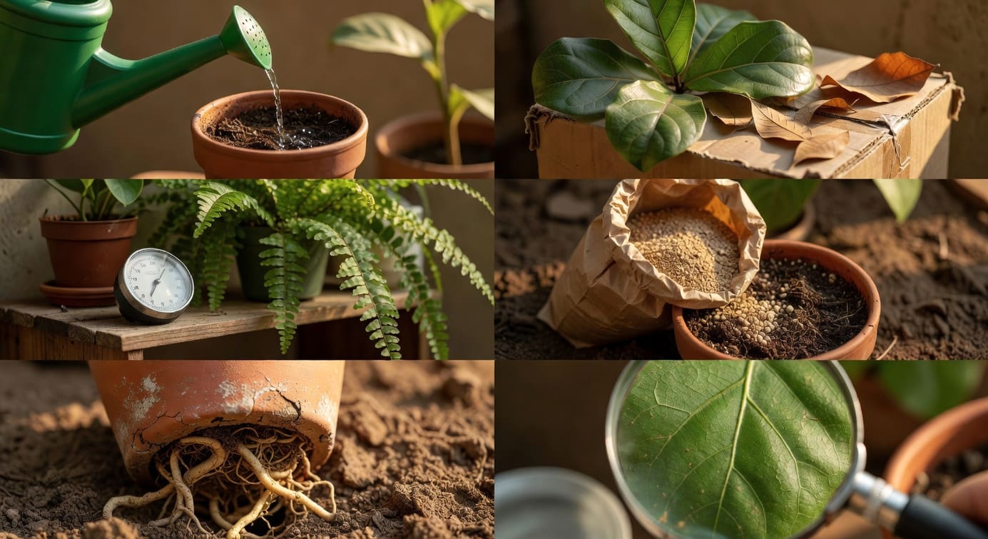 分區特寫：澆水檢查、搬家葉落、濕度計、肥料包、老盆根系和葉背放大鏡
