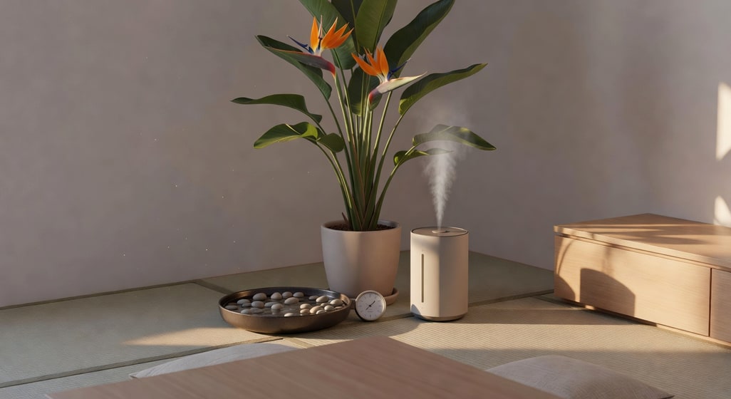 溫馨客廳角落擺放天堂鳥盆栽，旁邊加濕器冒細霧，腳邊有礫石水盤和濕度計，柔光日系風格