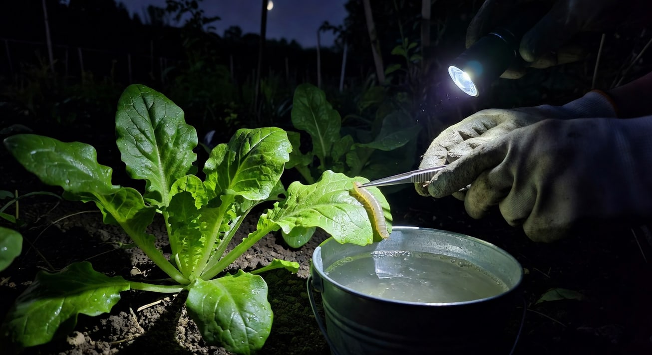 夜晚菜園手電筒照葉片，戴手套夾起幼蟲丟肥皂水桶，月光微弱環境紀實攝影