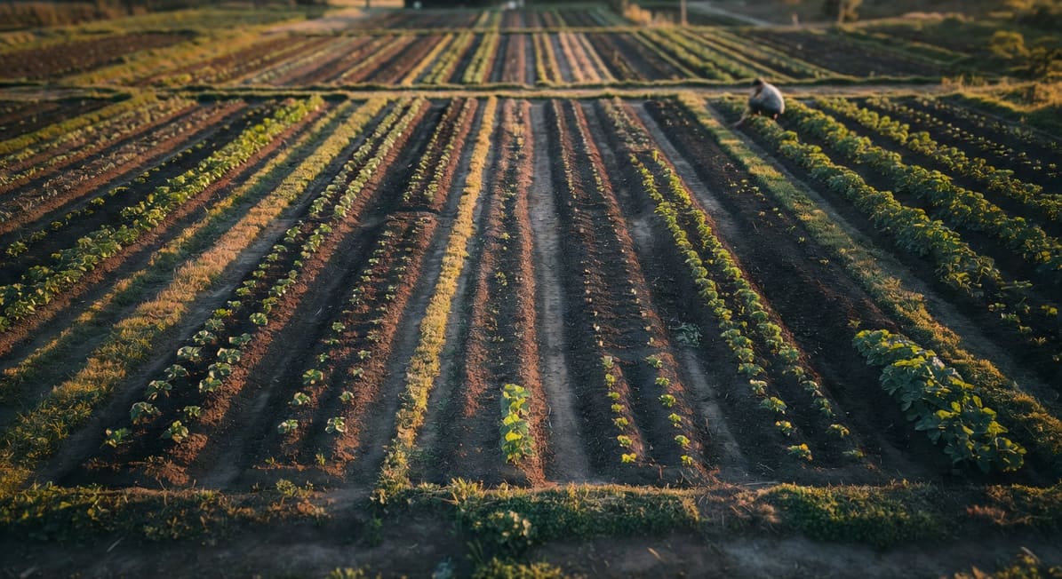 俯視菜園整齊菜畦控制雜草，翻鬆土壤遠處農人檢查葉片晴朗午後