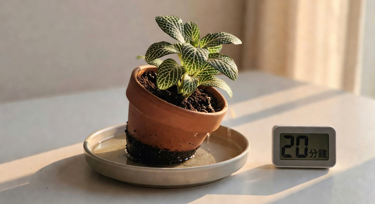 淺盤中微微癱倒網紋草浸水，旁邊時計顯示20分鐘，實用教學情境
