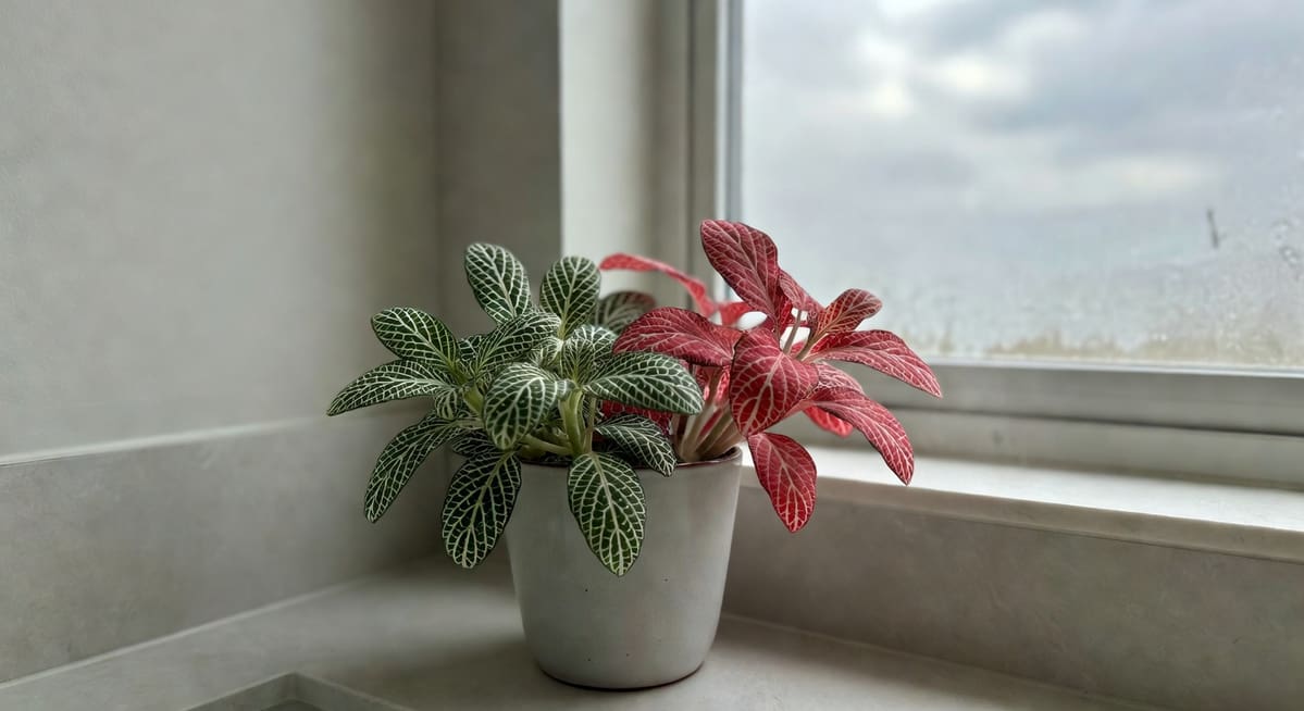 浴室窗邊網紋草組合，綠底白脈與紅脈品種，空氣有霧氣和晨光，療癒室內角落