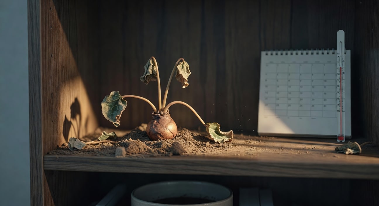 陰涼房間書架上休眠仙客來，球莖露出土面，旁邊夏日日曆和溫度計