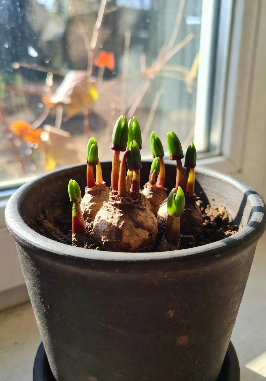 仙客來球莖冒出紅褐色新芽的特寫，秋末窗邊日光與深色陶盆對比