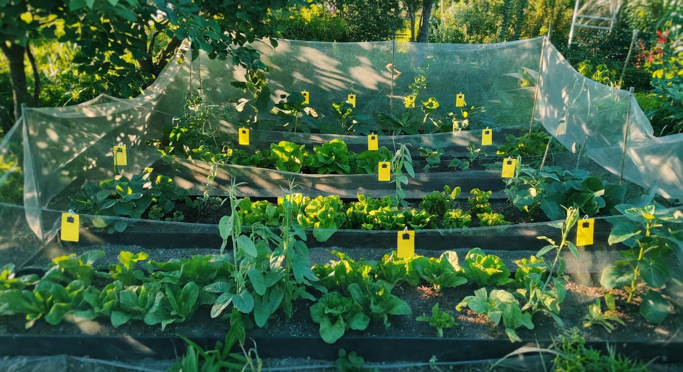 家庭菜園掛黃色黏板與防蟲網，蔬菜在陽光下茂盛生長，環境乾淨實用