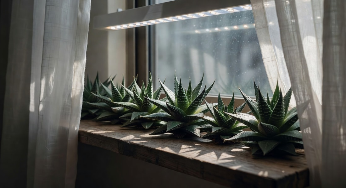 窗邊層架排列玉露多肉盆栽，晨光照射葉片透光閃爍，上方有LED補光燈