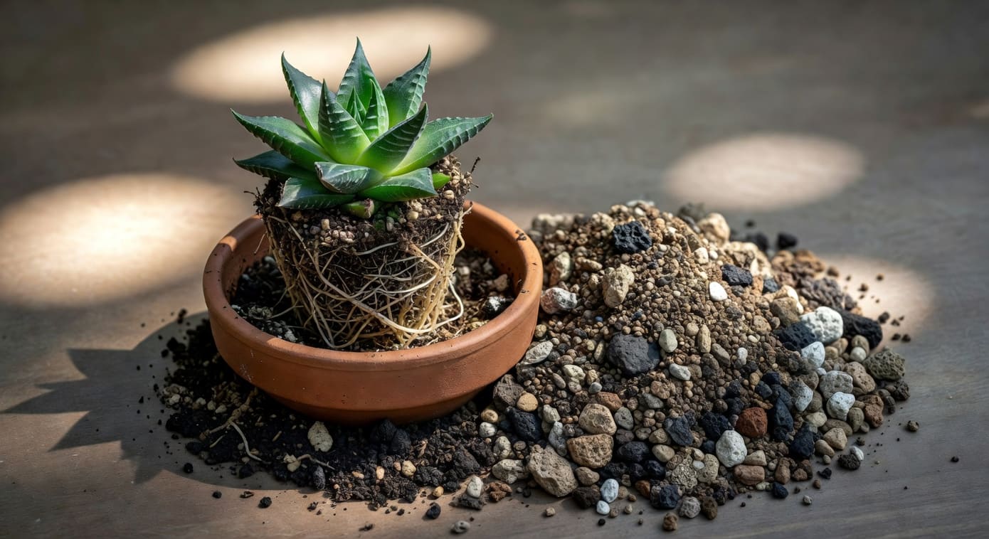 特寫拔起玉露多肉根系清晰，旁置多肉介質和淺陶盆，示範換盆教學