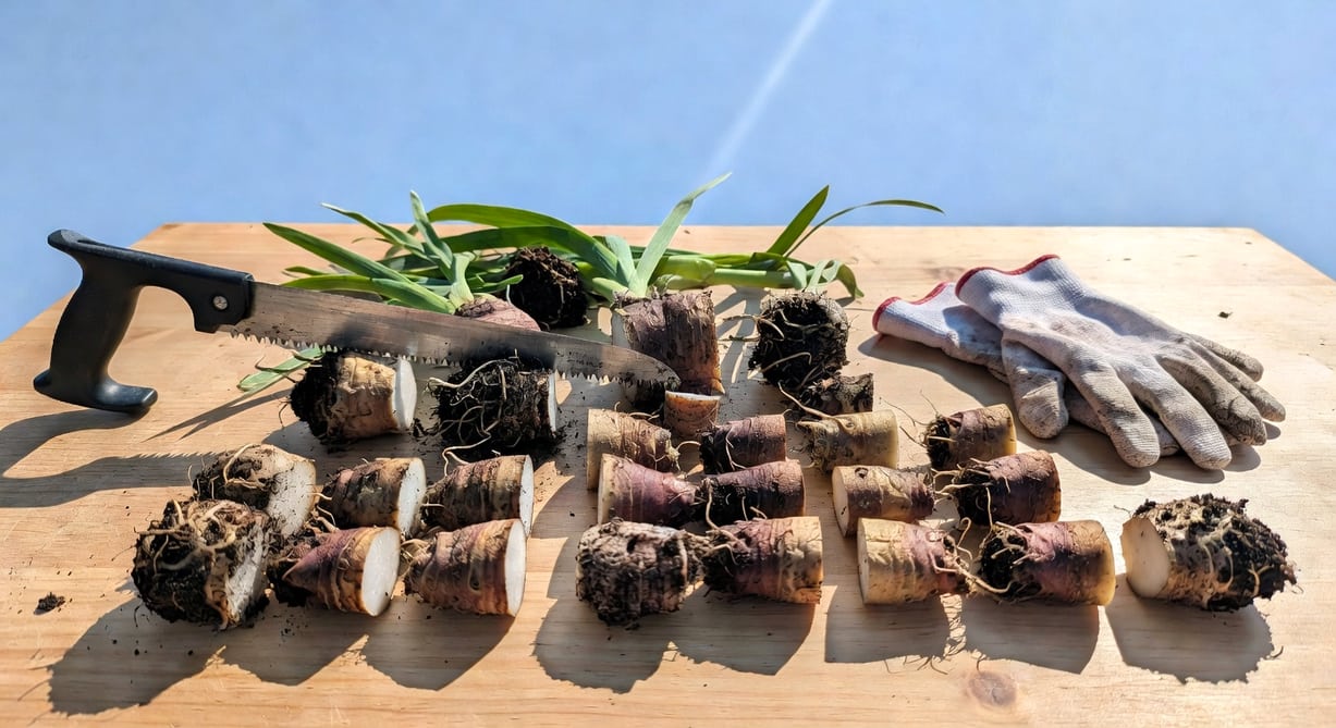 工作台上挖起的鳶尾根莖、手鋸和手套，根莖切成小段整齊排列，實用教學實景