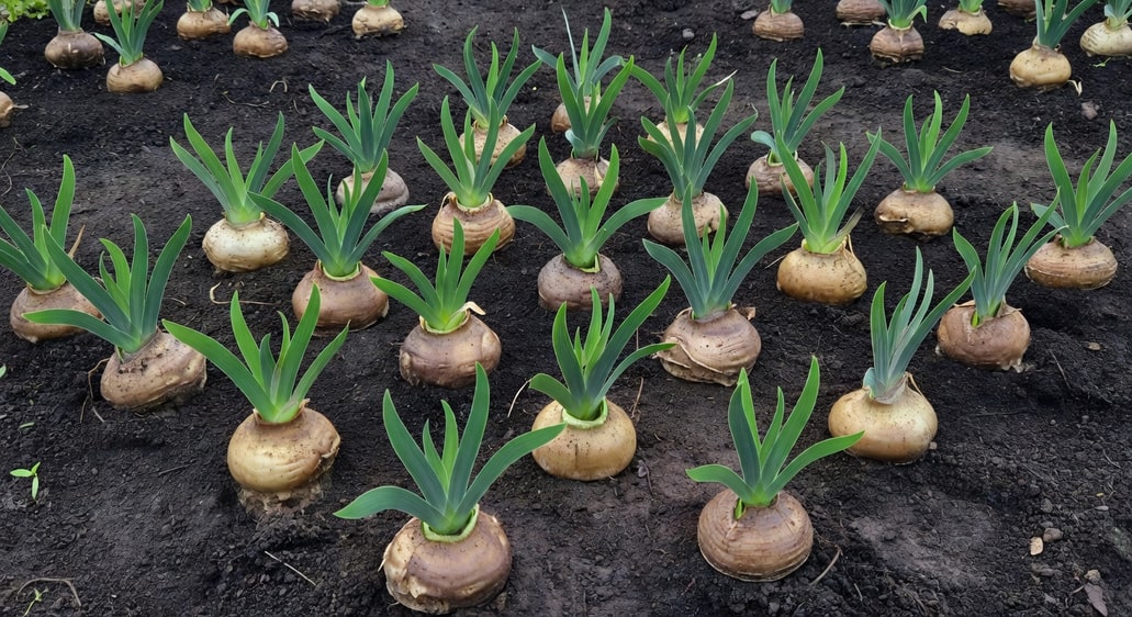 新分株鳶尾根莖種入花壇，葉扇修剪露出根部，間距勻稱，土壤鬆軟園藝實境