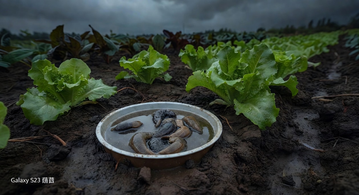 菜園啤酒陷阱：埋入地面的小容器內有溺斃蛞蝓，開口高於土面，旁邊萵苣夜間場景。