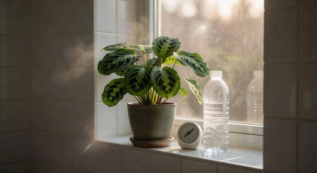 浴室窗邊竹芋盆栽，旁置蒸餾水瓶和濕度計，柔和陽光散射，療癒日常場景