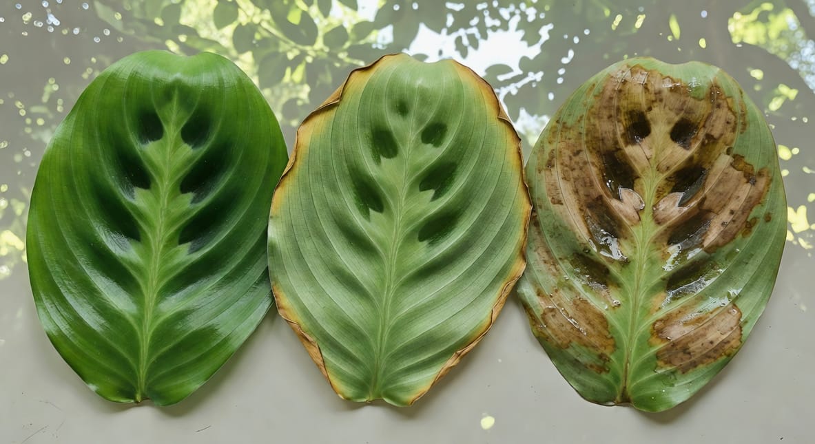 竹芋葉片病徵對照：左健康翠綠，中葉緣焦黃壓力，右水漬褐斑真菌，教學插畫風格