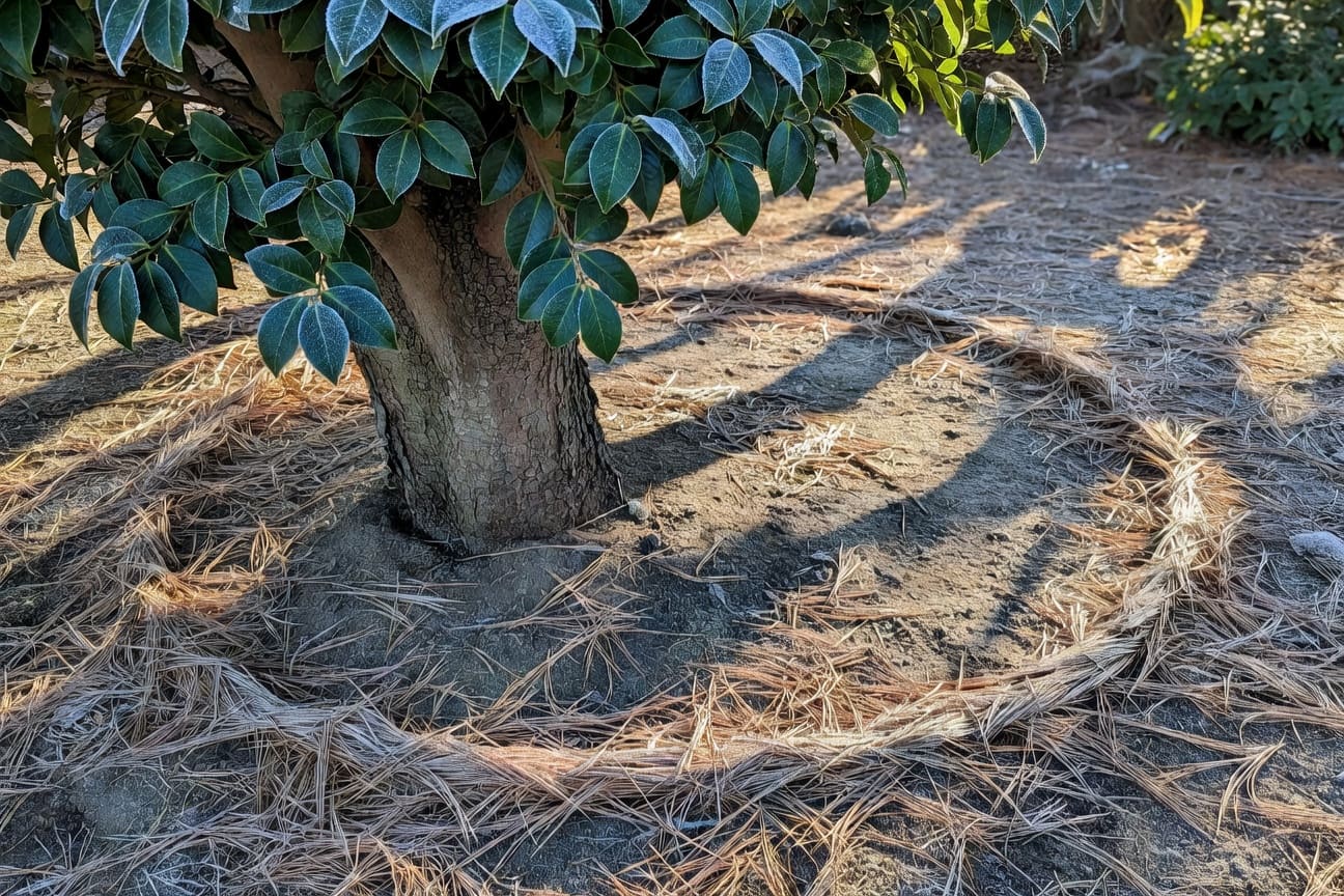 茶花樹幹基部特寫，松針覆蓋整齊圓環，葉片深綠掛微霜，冬日柔和斜光攝影