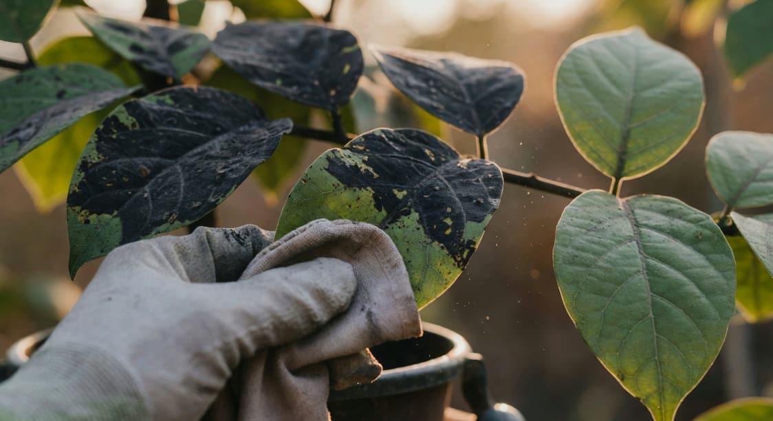 園丁戴手套用軟布輕擦葉片表面黑色煤煙病真菌層，背景葉片恢復綠色