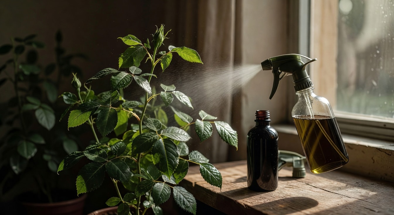 園丁用噴霧器噴灑苦楝油在玫瑰葉背，旁邊放著苦楝油瓶與噴霧器
