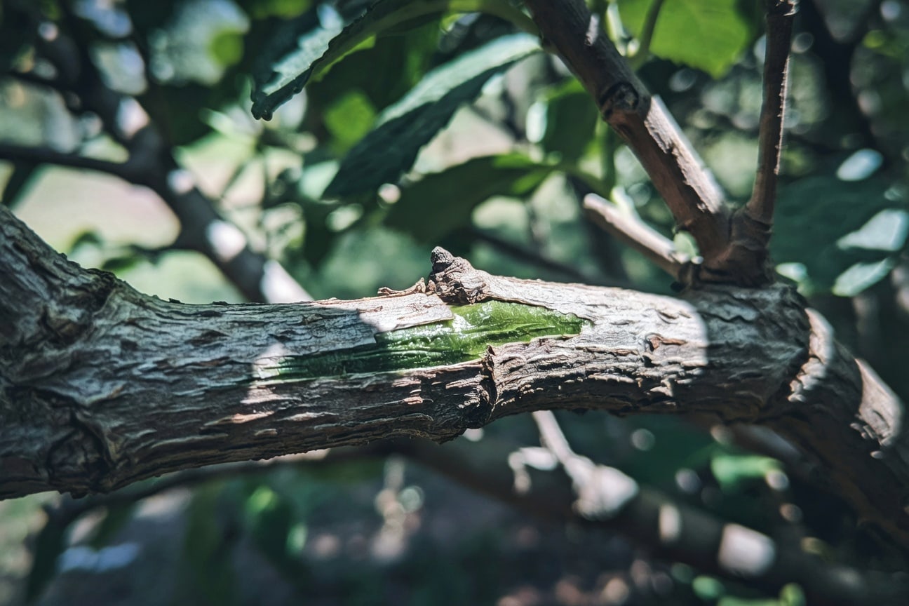 園丁指甲刮繡球花老枝表皮，露出綠色活體組織的特寫鏡頭。