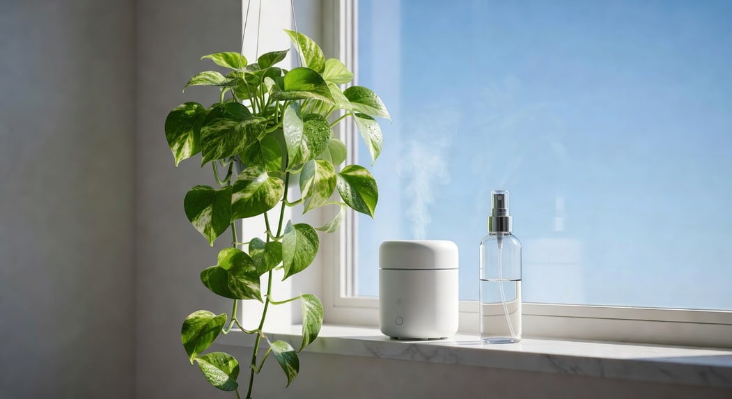 浴室窗邊金魚吊蘭配加濕器噴霧器，葉面有細微水珠