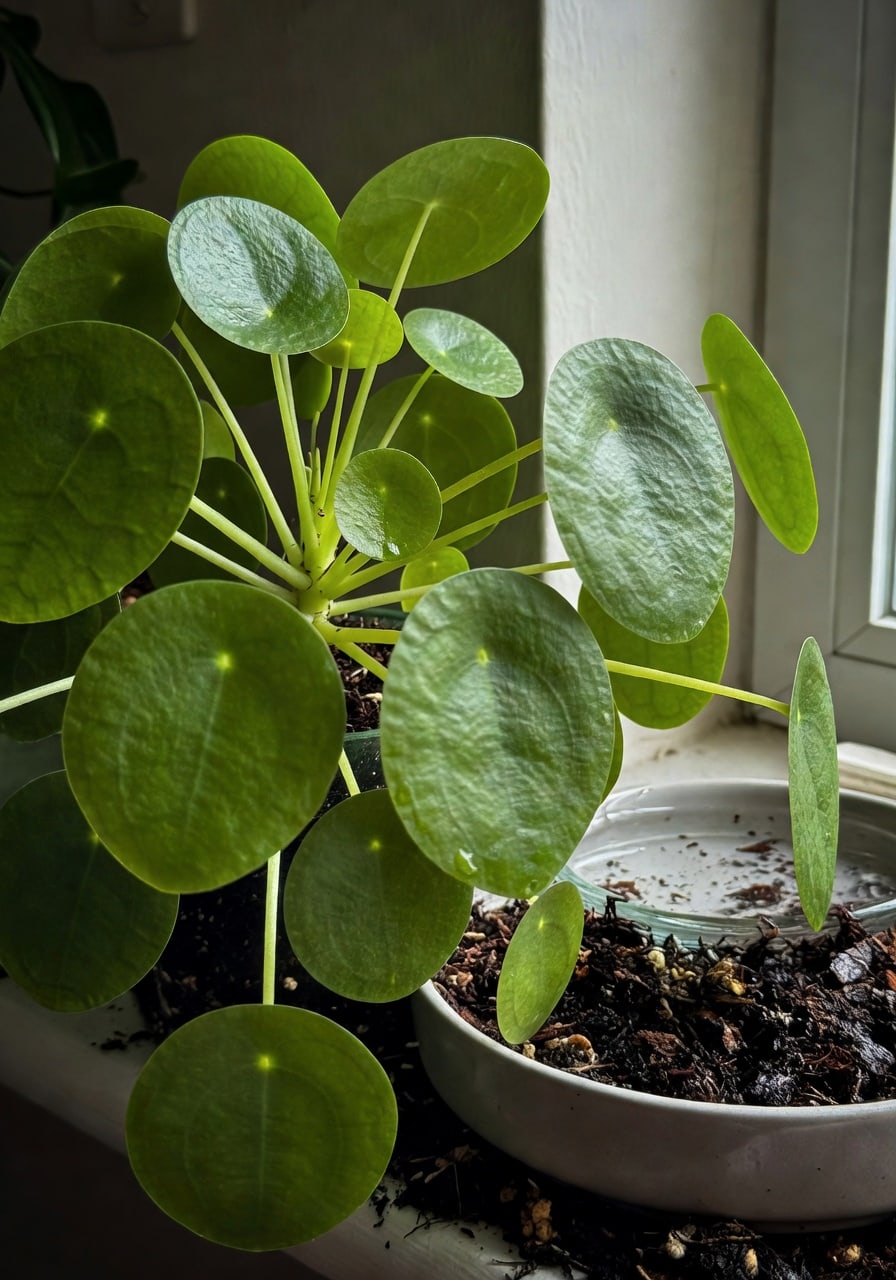 銅錢草置於室內明亮窗邊，叶片翠綠圓潤直立，旁有淺水盤和潤澤介質