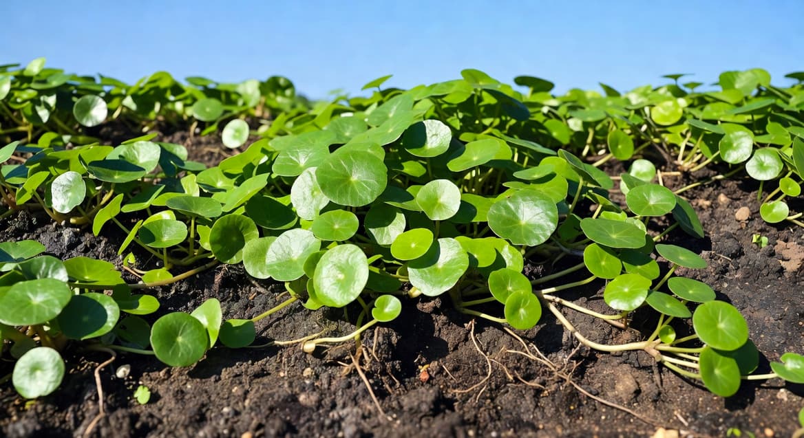 戶外花園土壤上銅錢草蔓延成片，展現其強勢雜草擴張特性