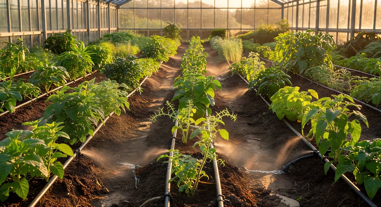 溫室植株寬鬆間距通風良好，地面滴灌系統澆根不淋葉