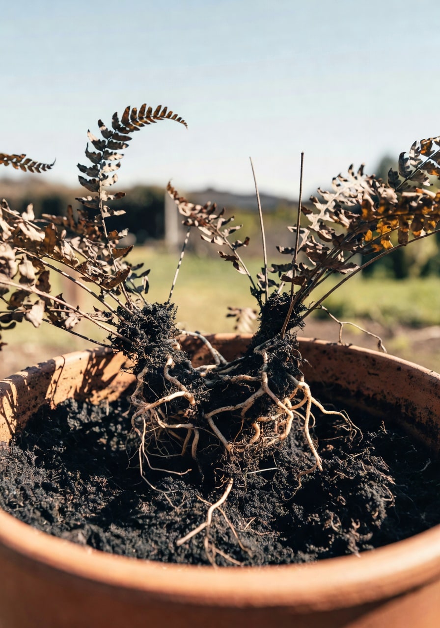 園丁剪除焦枯鐵線蕨葉柄後，盆內僅剩根莖基部和黑色土壤的特寫