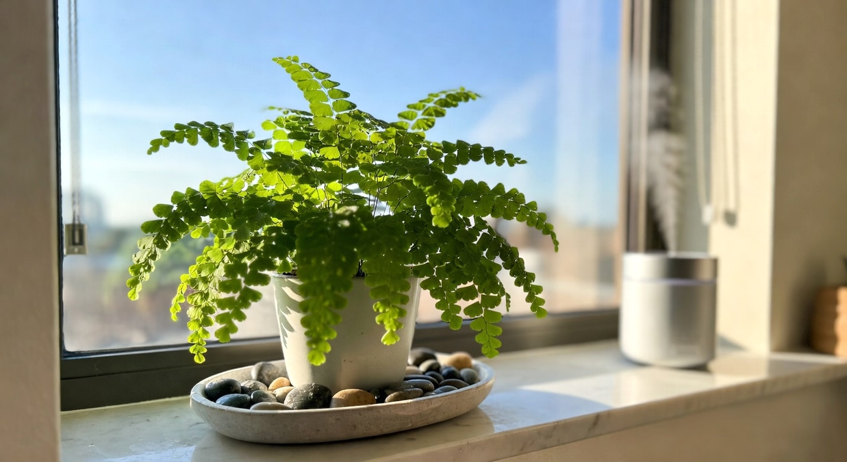 鐵線蕨在浴室窗邊加濕器與鵝卵石水盤旁，葉片翠綠飽滿的照護環境