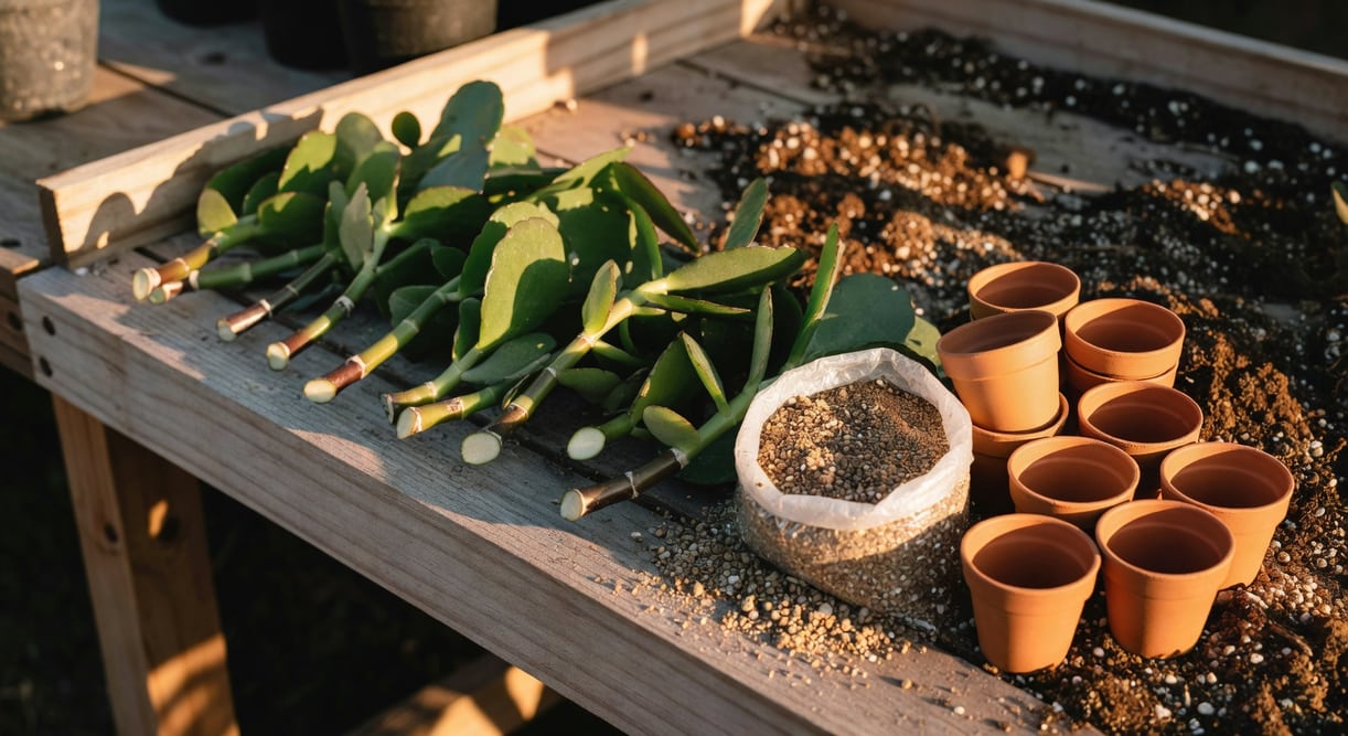 園丁手持長壽花莖段準備扦插，旁邊多肉介質和小育苗盆，切口有結痂組織。