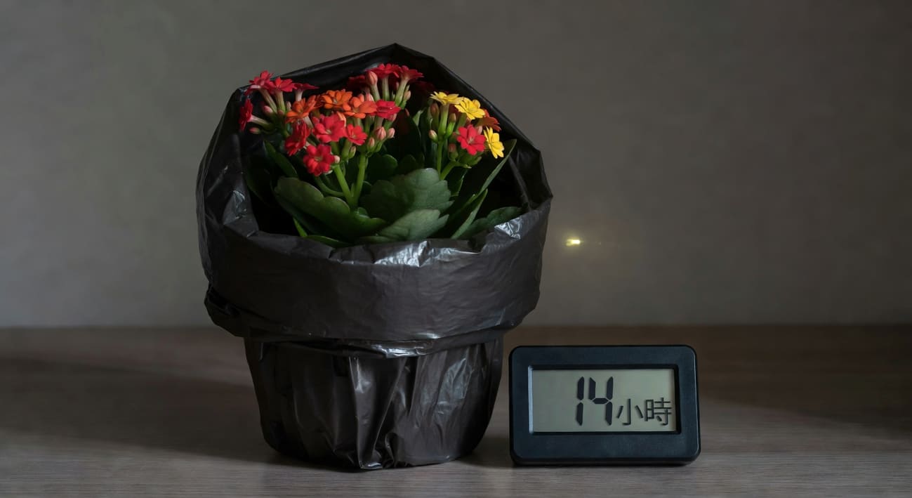 長壽花盆栽用黑色塑膠袋罩住誘花，旁邊計時器設為連續14小時黑暗。