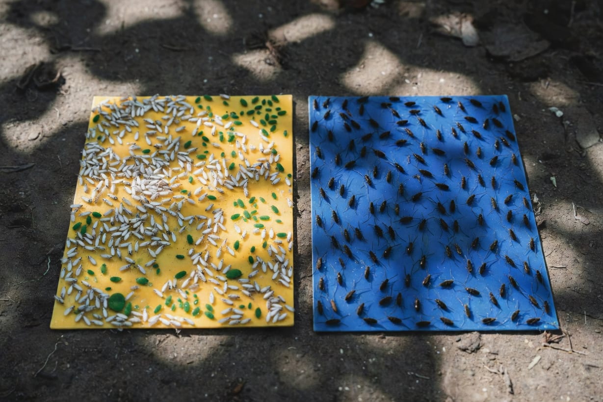 黃板特寫黏附白色粉蝨和綠色蚜蟲，藍板上滿是細長黑色薊馬。