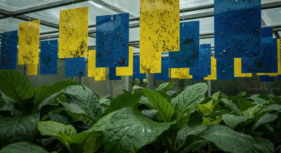 溫室內懸掛多張黃色和藍色黏蟲板，板上黏附大量害蟲，植物葉片翠綠健康。