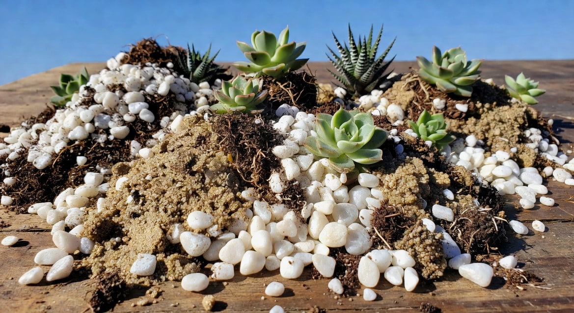 木桌上展示多肉植物介質配方：珍珠石、粗砂與盆土混合。