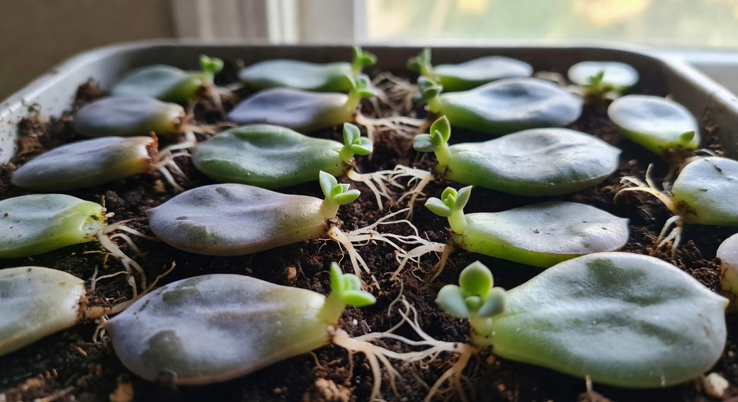 多肉葉插繁殖過程：葉片平放土面，長出新芽和新根。