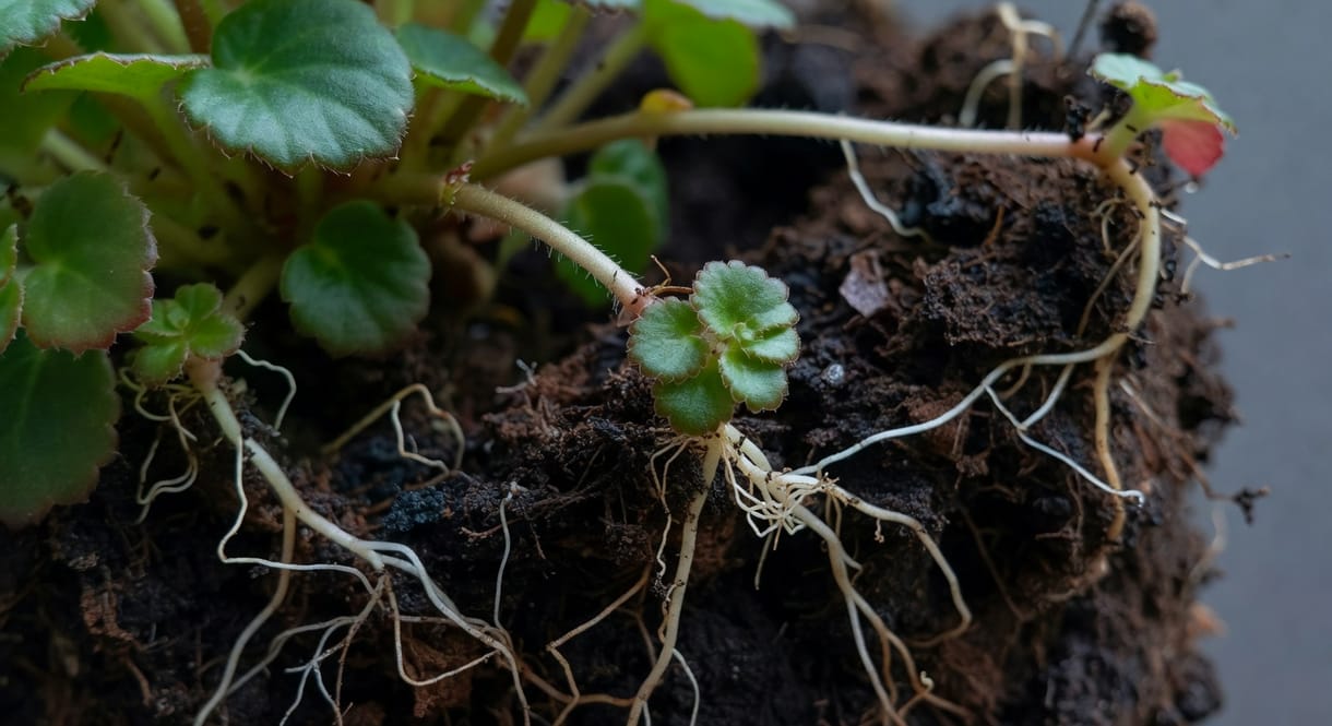 虎耳草分株過程：走莖末端小植株與根系展示