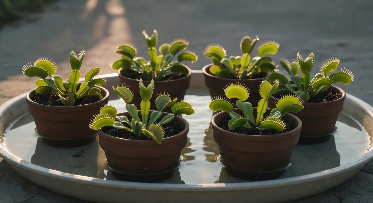 捕蠅草栽培使用腰水法：盆器置於淺盤中，盤內裝有蒸餾水