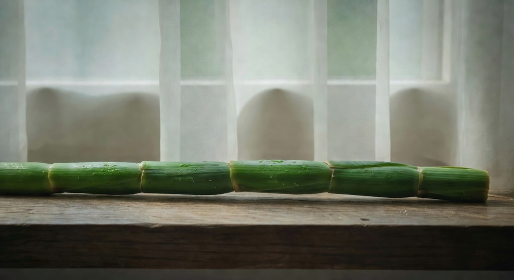 絲葦置於東向窗台，明亮散射光下莖節翠綠飽滿