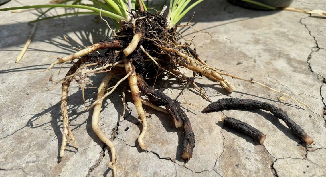 絲葦爛根處理：脫盆檢查根系並剪除黑色腐爛部分