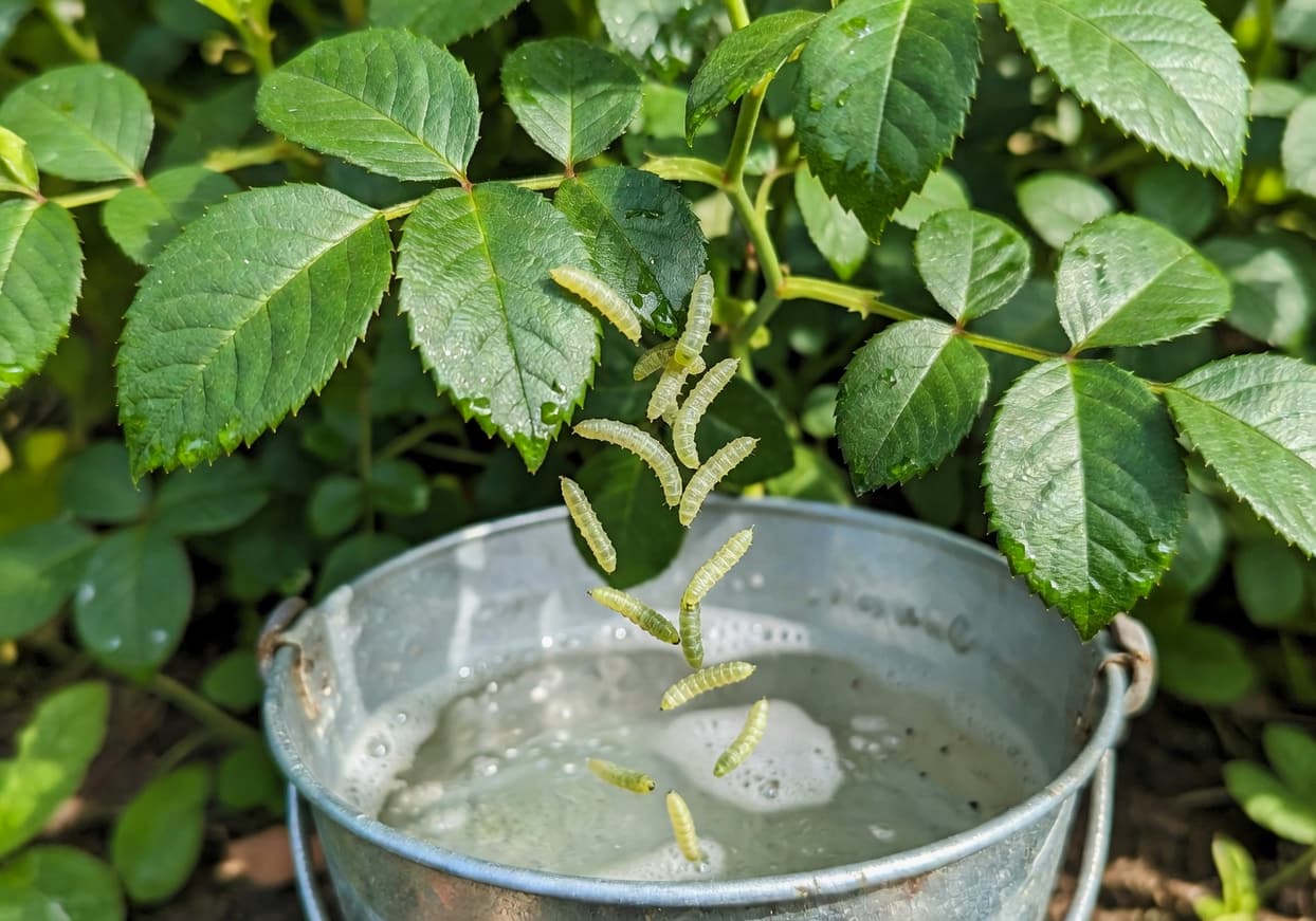 園藝工作者手摘葉蜂幼蟲放入肥皂水桶進行物理防治