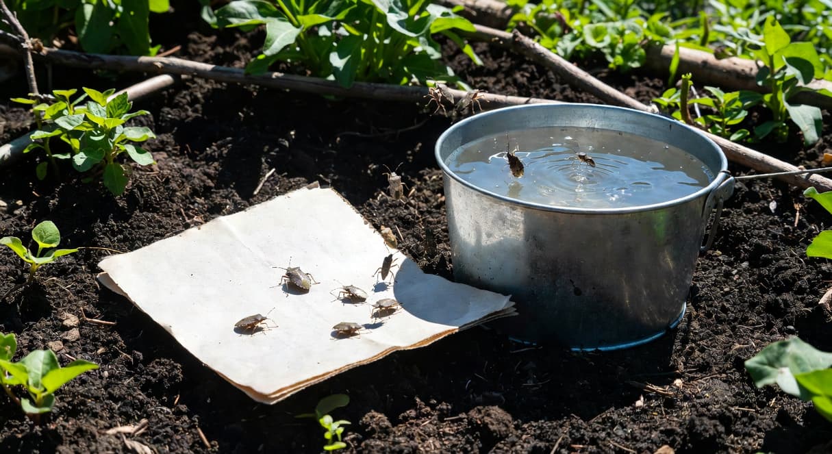 園藝工作者鋪報紙誘集椿象，刷入肥皂水桶溺斃的物理防治流程