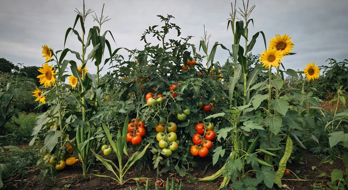 番茄菜園周圍種植玉米、向日葵和秋葵作為誘集植物保護圈