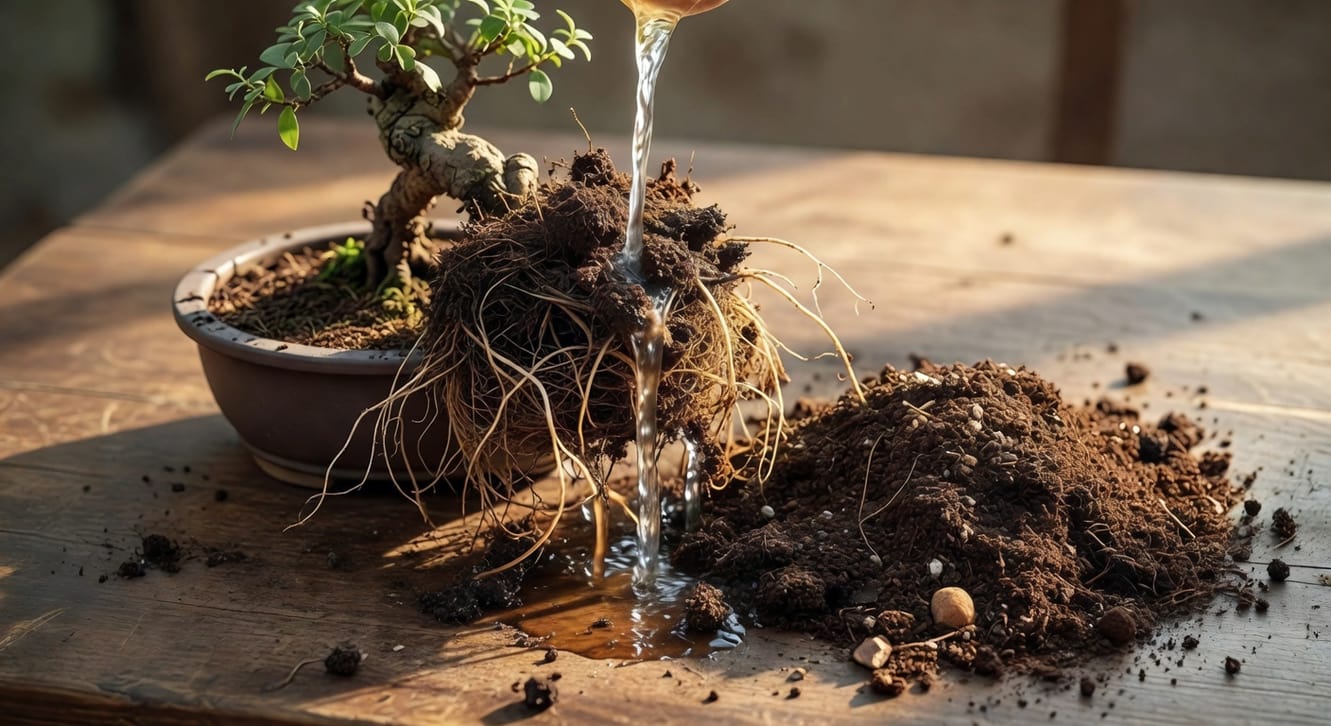 盆栽脫盆換土：根系沖洗和新培養土更換