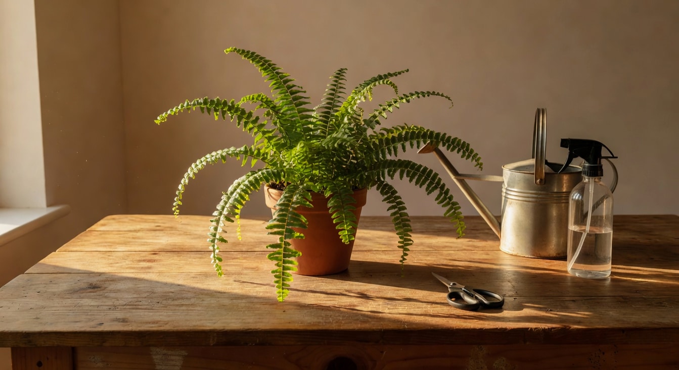 木質工作桌波士頓腎蕨特寫，旁邊澆水壺噴霧瓶和小剪刀，晨光從窗邊灑入