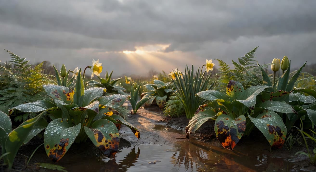 早春陰雨花圃葉片水珠密布，背景灰雲潮濕地，呈現葉斑病典型氣候條件