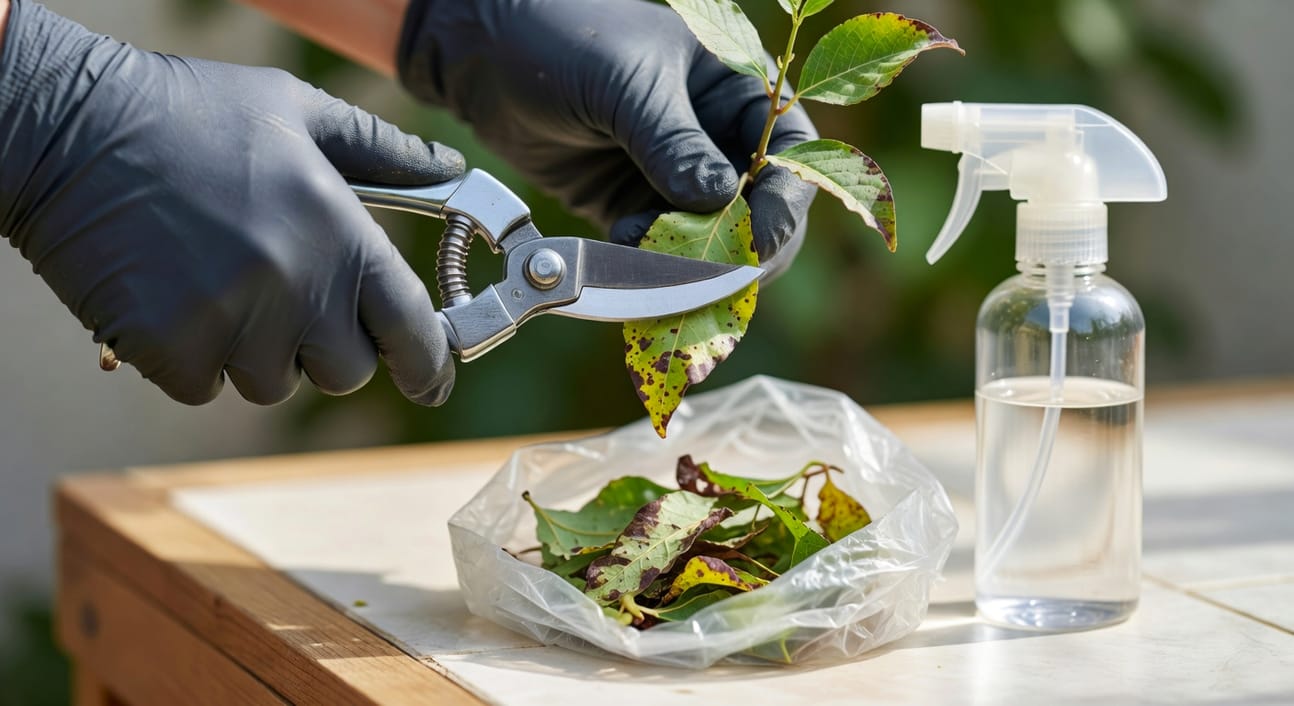 園藝師戴手套用消毒修枝剪移除病葉，旁邊有塑膠袋和酒精瓶，場景明亮整潔