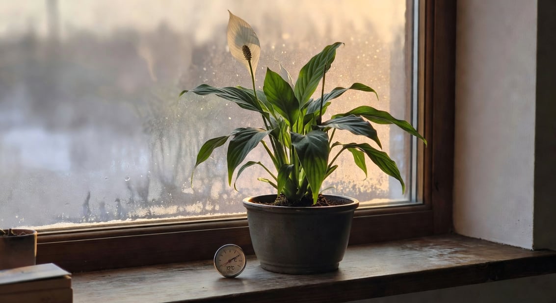 冬日窗邊白鶴芋盆栽，窗外微霧，溫度計顯示12°C，營造短日反應氛圍