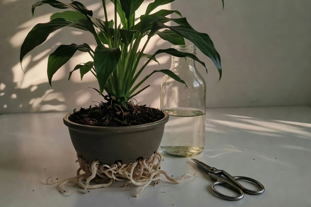 白鶴芋盆栽特寫，根部從排水孔伸出，旁邊雨水瓶和剪刀，室內溫暖光線