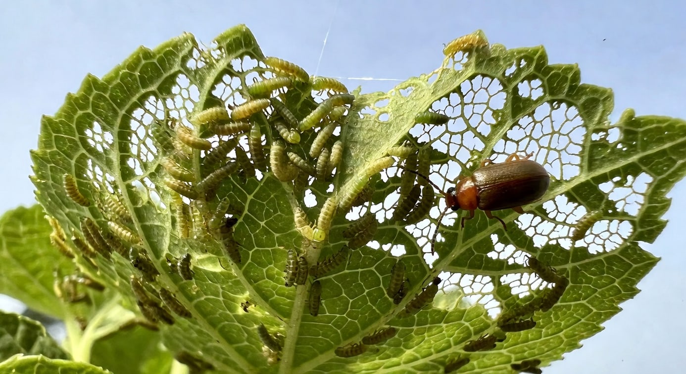 繡球花葉背面密集黃綠色葉甲幼蟲，旁邊成蟲翅鞘特寫，葉脈骨架化痕跡明顯