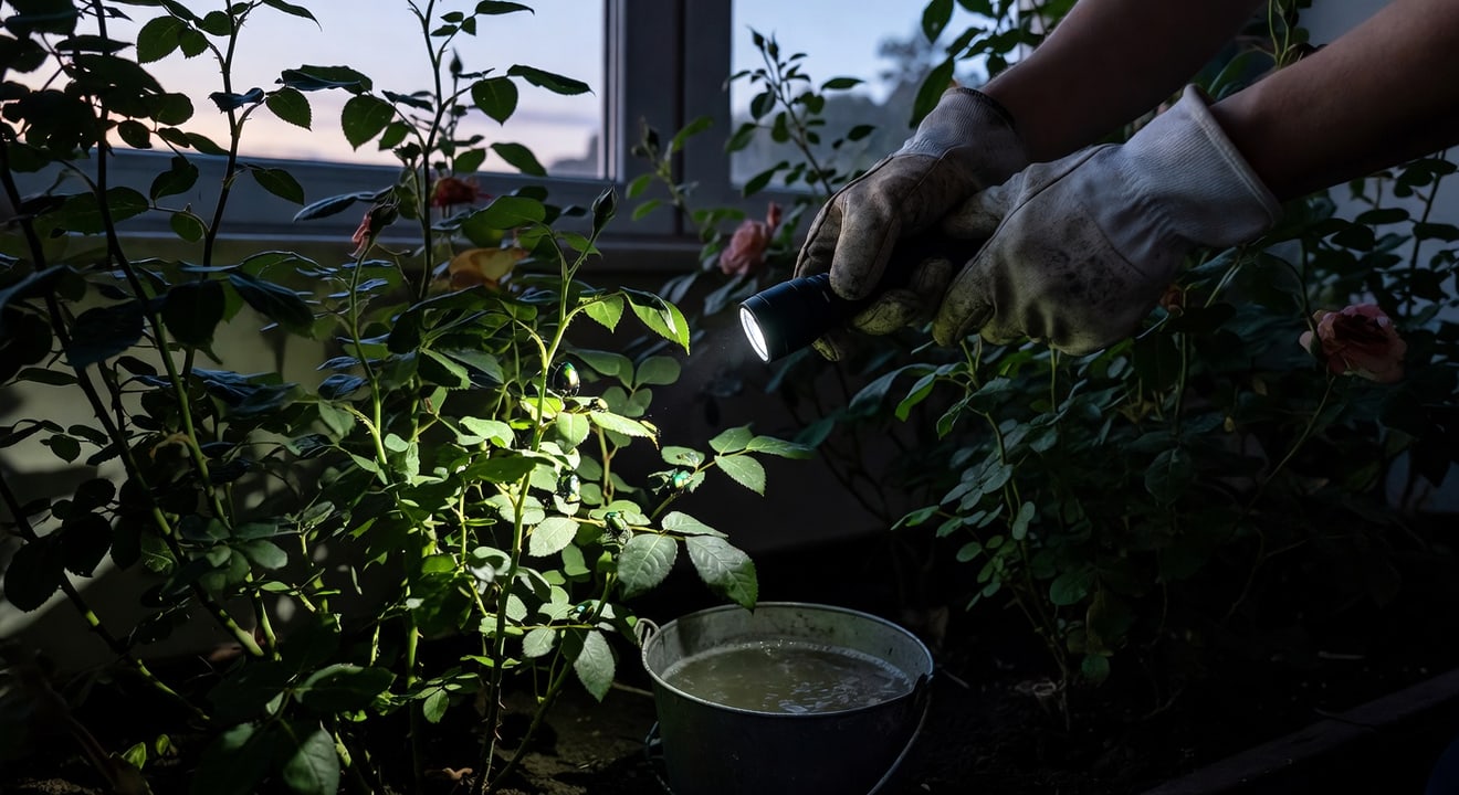 園藝師黃昏持手電筒檢查玫瑰叢葉甲，腳邊置肥皂水桶，氛圍寧靜專注