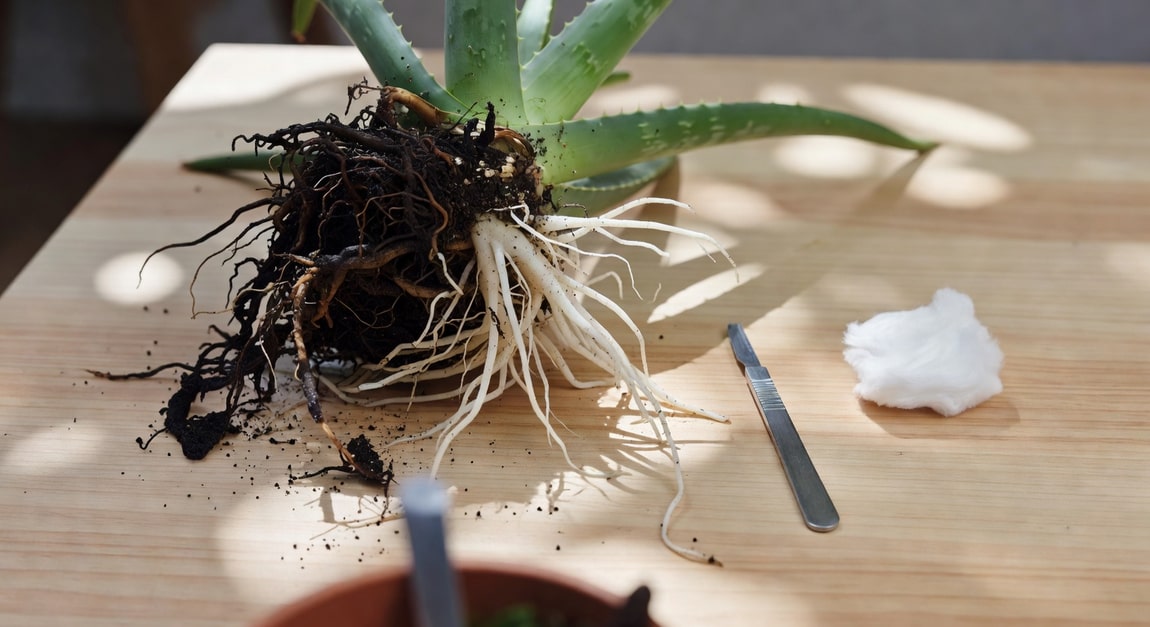 脫盆蘆薈特寫，黑爛根與健康白根對比，旁邊消毒刀片和酒精棉，桌子整潔。