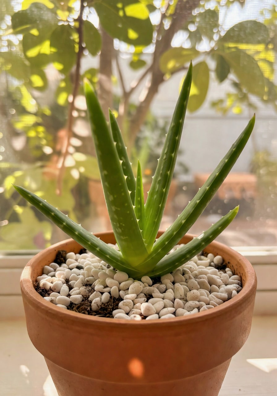 搶救後蘆薈在新陶盆中，置南窗全日照，葉片翠綠挺立，盆面鋪白色礫石點綴。