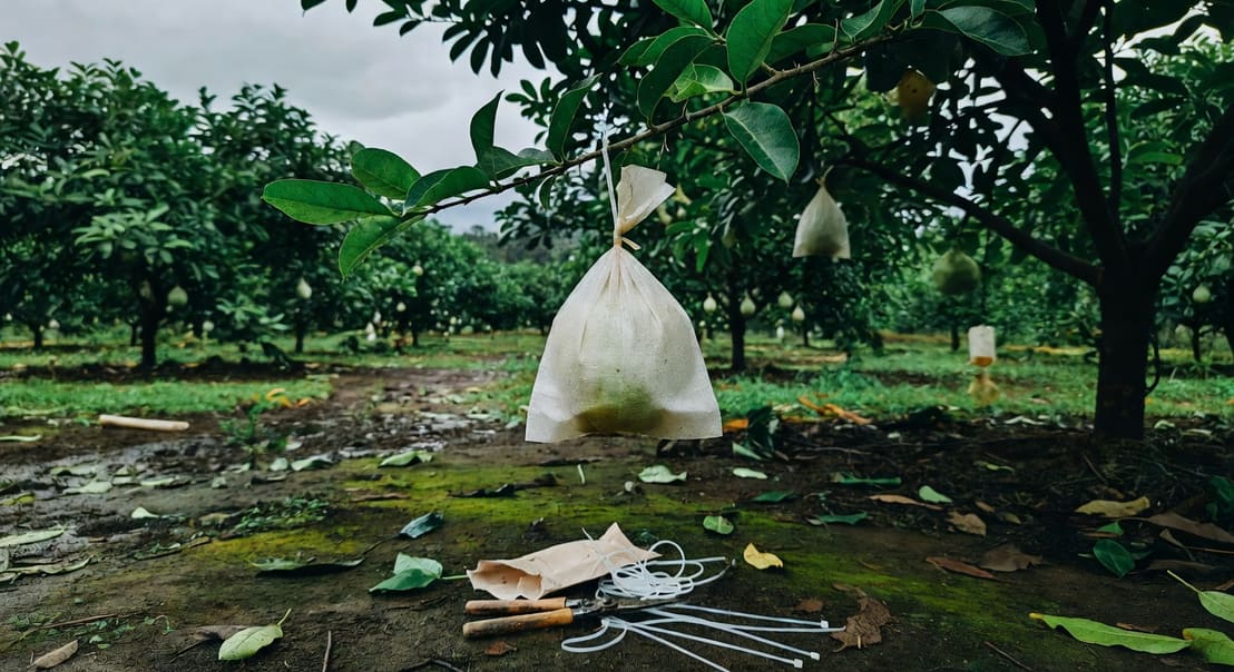 師傅為芭樂幼果套不織布袋並紮緊袋口，旁放工具與紮帶，果園綠意背景。